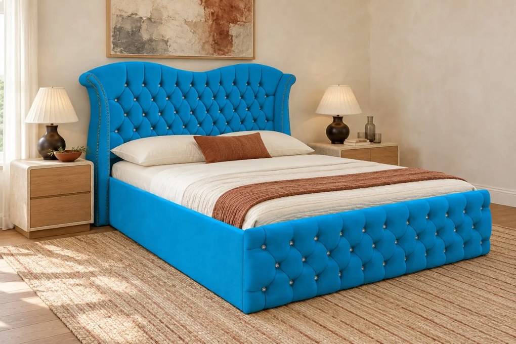 Pat tapițat Chesterfield Avella 180×200 cm, albastru deschis, cu ladă de depozitare