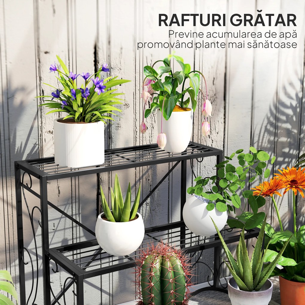 Outsunny Raft pentru Plante cu 3 Niveluri din metal, 60x60x60 cm, Negru | Aosom Romania