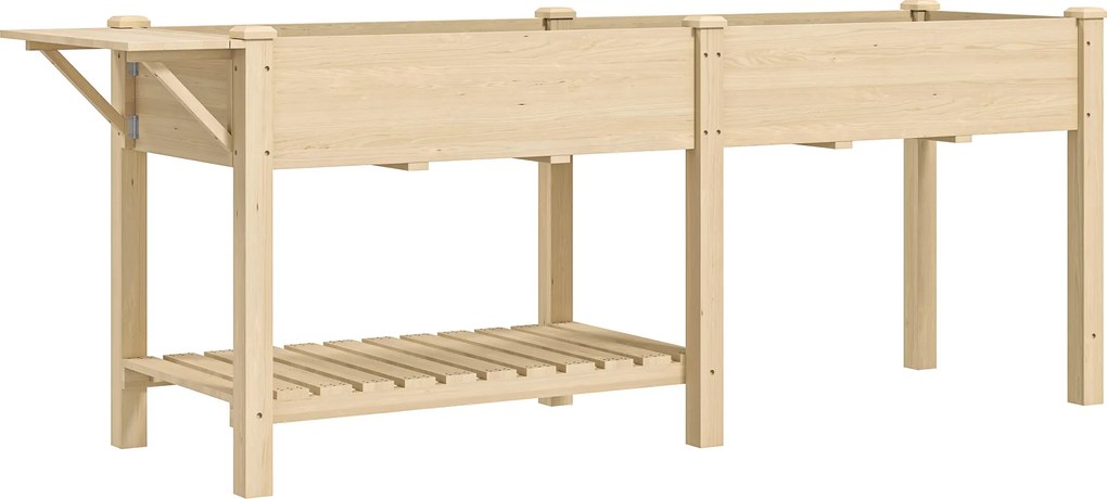 Outsunny Strat Înălțat de Grădină cu Masă Laterală, Raft Inferior și Orificii de Drenaj, 207x59x78 cm, Lemn Natural | Aosom Romania