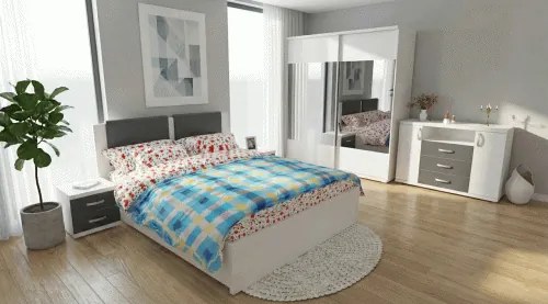 Dormitor Laguna cu pat 160x200 cu 2 sertare Alb cu Gri