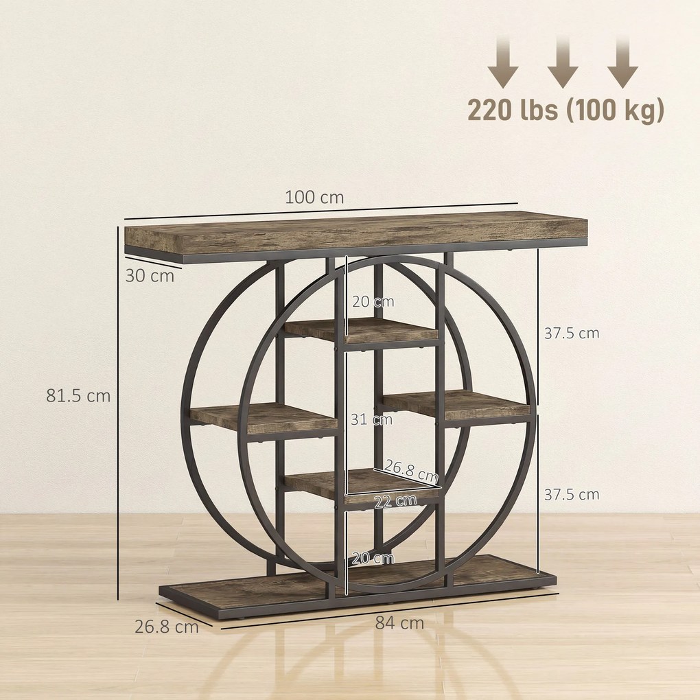 HOMCOM Masă consolă industrială cu rafturi și cadru circular din oțel, 100 x 30 x 81,5 cm, maro rustic | Aosom Romania