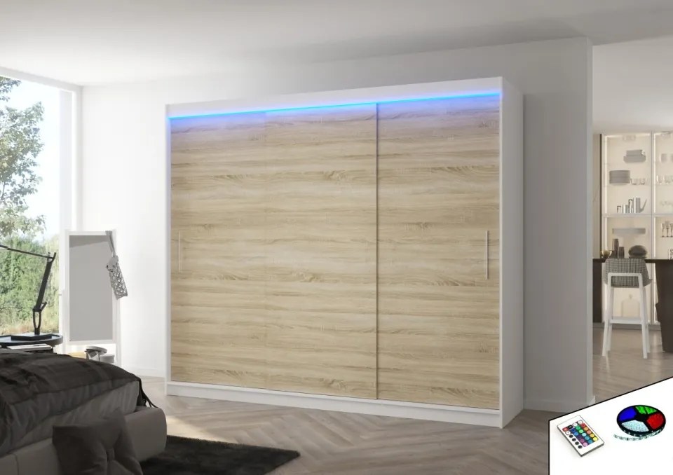 Dulap cu usi glisante si iluminare LED, Antos 250 + LED, 250 cmx200 cmx58 cm, ADRK Furniture (Culoare: Negru)