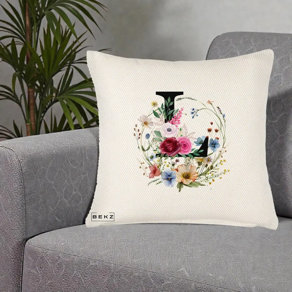 Cadou Personalizat - Perna Personalizata Monogram Litera L cu Flori Acuarela, 40x40 cm, Crem Reliefat, Husa Detasabila, Perna Inclusa, BEKZ®