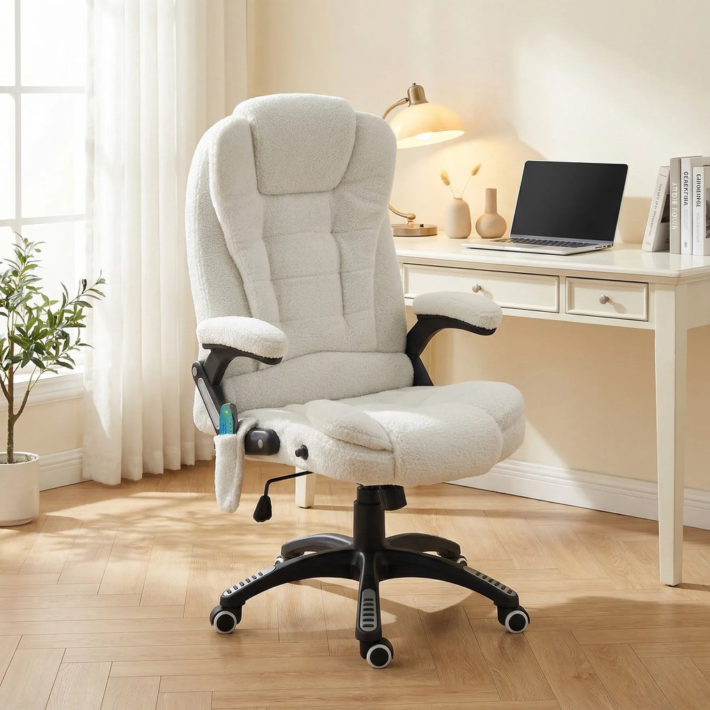 Vinsetto Fotoliu de Birou cu 6 Puncte de Vibrații, Funcție de Legănare, Încălzire și Telecomandă, 68x72x110-120 cm, Alb | Aosom Romania