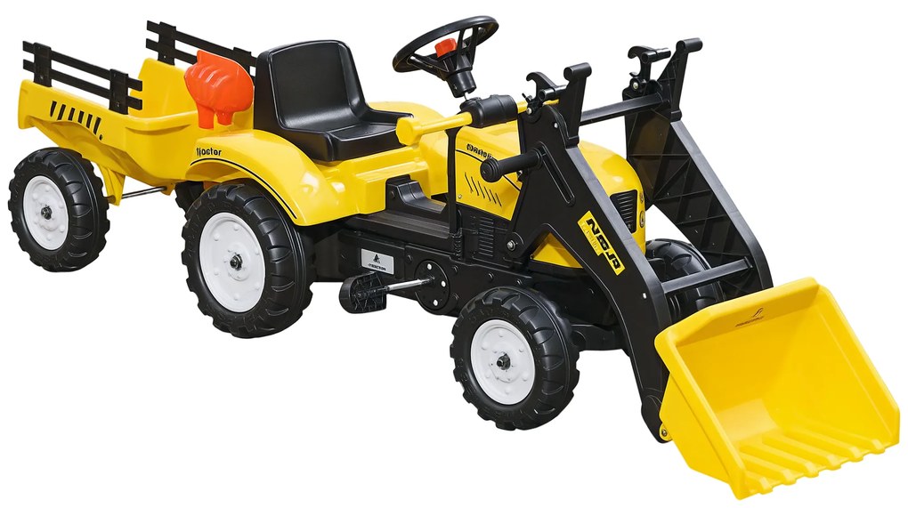 HOMCOM Excavator, Tractor cu Pedale pentru Copii de 3 Ani cu Cupă Frontală și Remorcă Detașabilă, 167x41x52 cm, Galben | Aosom Romania