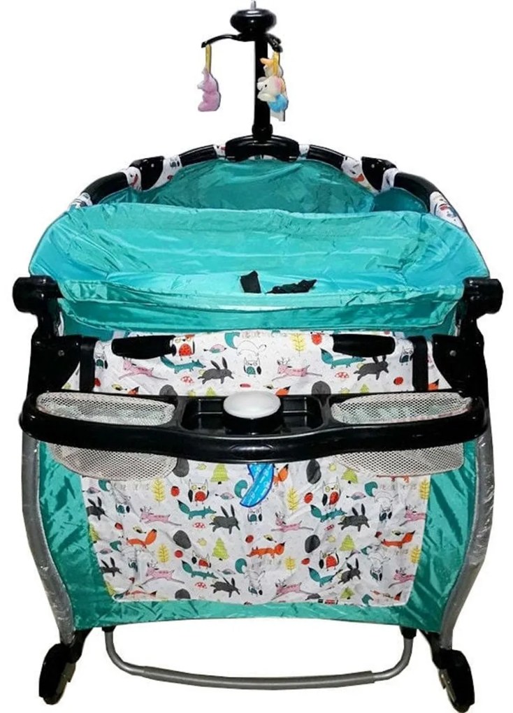 Patut Pliant rotund cu balansoar, Tarc copii Baby Care™ ROUND NEST, Pliabil pe 2 Niveluri cu muzica si Masa infasat, Jucarie Carusel cu jucarii din