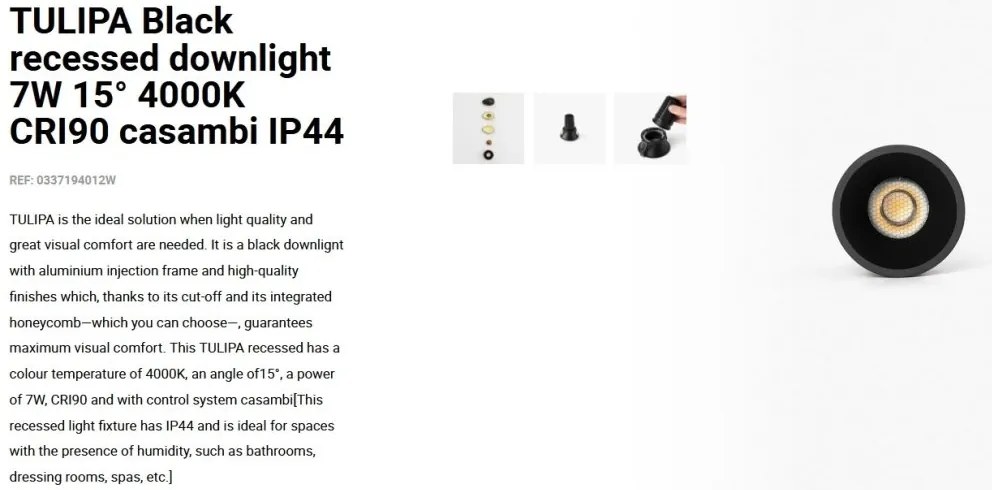 Spot LED incastrabil TULIPA Black recessed downlight 7W 15° 4000K CRI90 casambi IP44