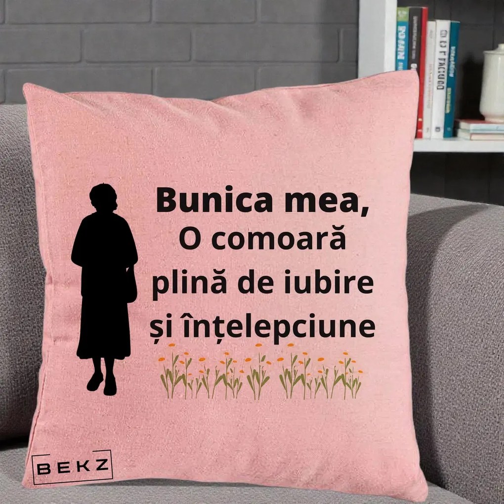 Cadou pentru Bunica - Perna Personalizata Bunica Mea Comoara Iubire Intelepciune Silueta cu Nepoata, 40x40 cm, Roz, Husa Detasabila, Perna Inclusa, BEKZ®