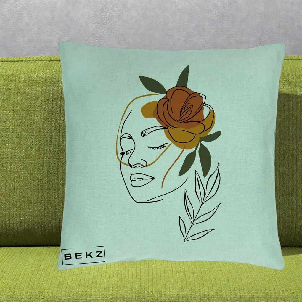 Perna Decorativa Portret Feminin Trandafir Ruginiu, 40x40 cm, Verde Menta, Husa Detasabila, Perna Inclusa, BEKZ®