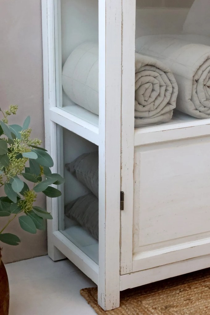 Vitrină din lemn masiv cu uși din sticlă și rafturi, finisaj crem antichizat, 97×41×170 cm