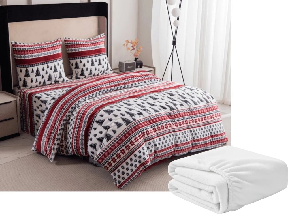 Set 2 buc Lenjerie cocolino TWINKLE CHRISTMAS colorat + Cearsaf Cocolino microplus cu elastic SOFT 180x200 cm alb, pat dublu