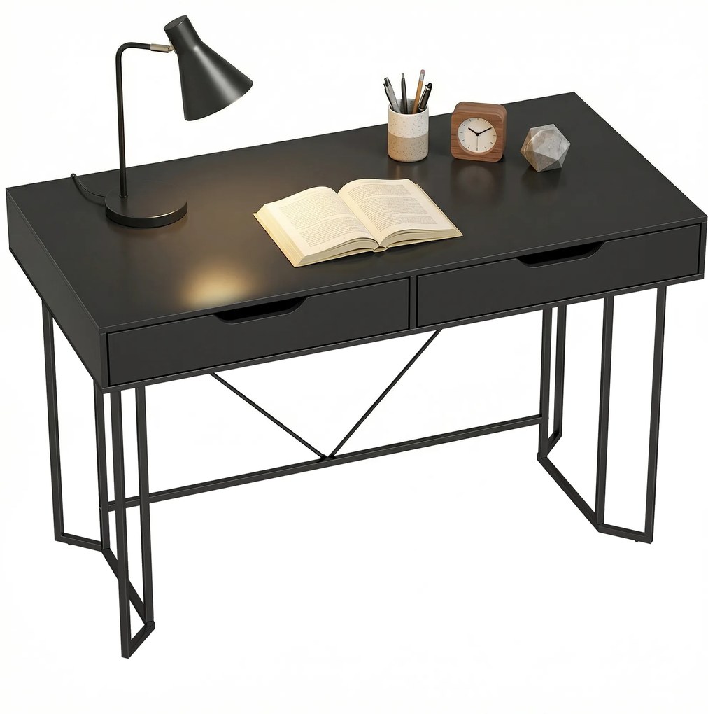 HOMCOM Birou mic pentru calculator cu 2 sertare, birou cu suprafață mare de lucru 120 x 60 x 77 cm Negru | Aosom Romania