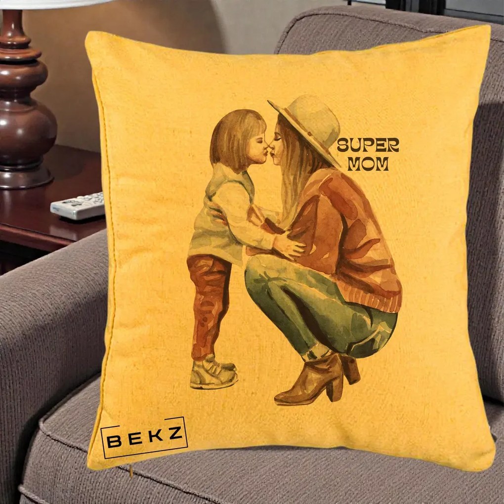 Cadou pentru Mama - Perna Personalizata Super Mom Acuarela, 40x40 cm, Galben, Husa Detasabila, Perna Inclusa, BEKZ®