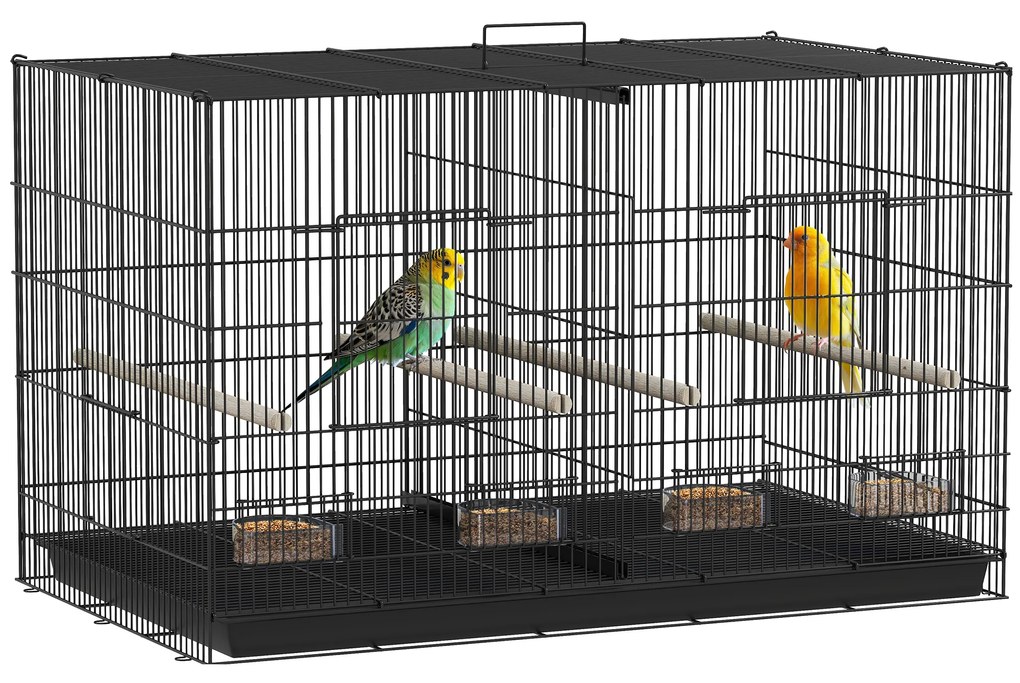 PawHut Colivie pentru Păsări cu Separator, Raft Inferior, 4 Stinghii și 4 Hrănitoare, 94x57x57 cm, Negru | Aosom Romania