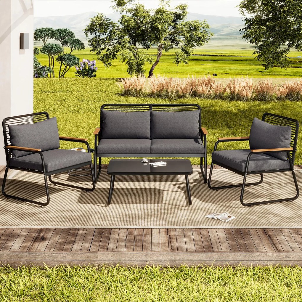 Set de lounge pentru grădină pentru 4 persoane, cu canapea dublă, 2 canapele individuale și 1 măsuță de cafea, Negru