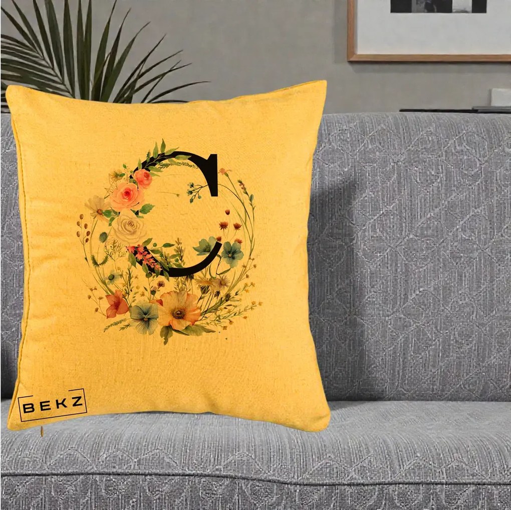 Cadou Personalizat - Perna Personalizata Monogram Litera C cu Flori Acuarela, 40x40 cm, Galben, Husa Detasabila, Perna Inclusa, BEKZ®