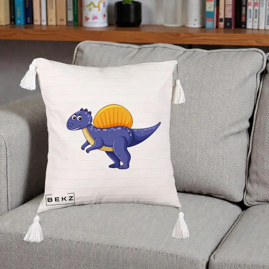Perna Decorativa Spinozaur Kawaii, 40x40 cm, Bej cu Franjuri, Husa Detasabila, Perna Inclusa, BEKZ®