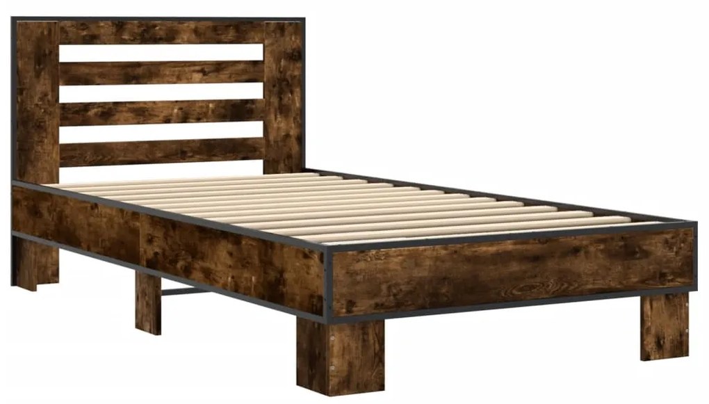 845654 vidaXL Cadru de pat, stejar fumuriu, 90x200cm, lemn prelucrat și metal