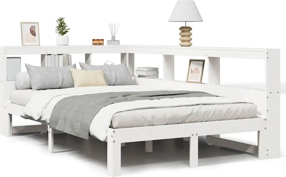 vidaXL Pat cu bibliotecă fără saltea, alb, 120x190 cm, lemn masiv pin