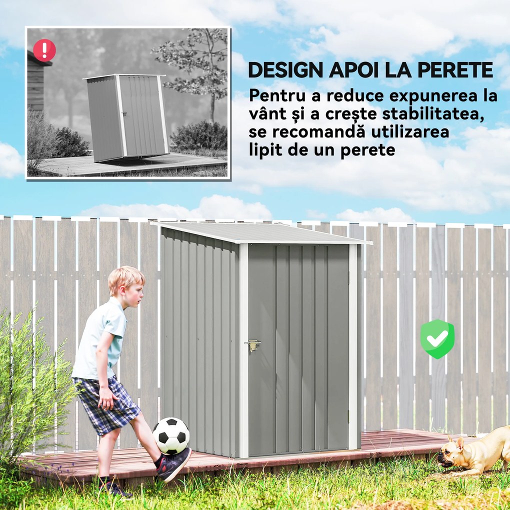 Outsunny Căsuță de Grădină 0.92m² din Oțel Galvanizat, Depozit pentru Unelte cu Ușă Batantă și Sistem de Blocare, Acoperiș Înclinat, 100x104x160 cm, Gri Deschis | Aosom Romania