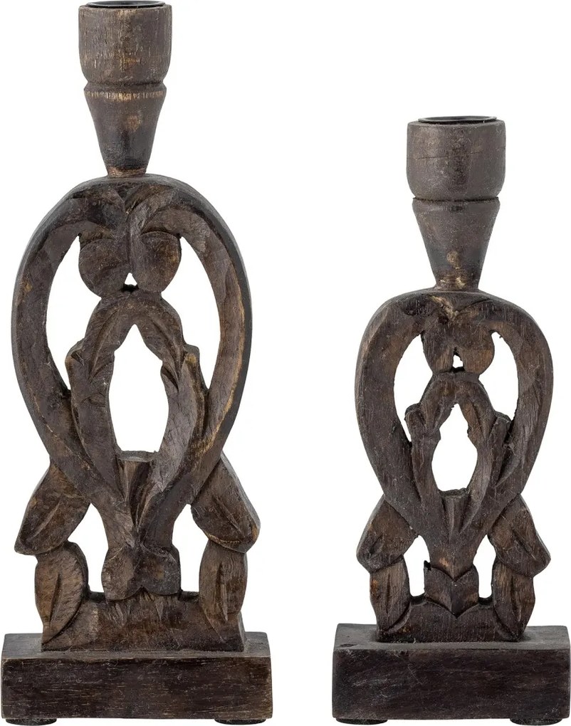 Set 2 suporturi pentru lumânări din lemn de mango maro cu model de frunze sculptat, 9×21,5×9 cm / 5×25,5×10 cm, „Bernie"