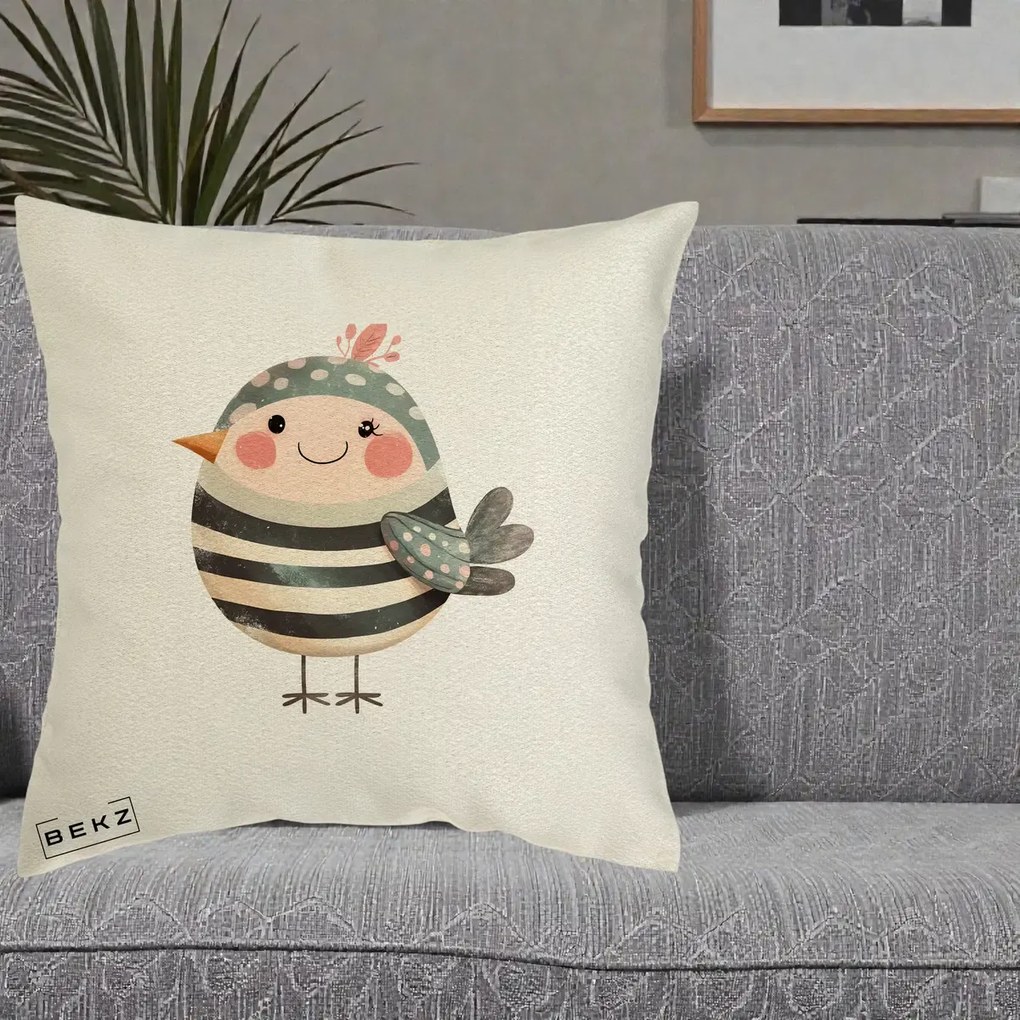 Perna Decorativa Pui Kawaii Teal cu Flori, 40x40 cm, Ecru, Husa Detasabila, Perna Inclusa, BEKZ®