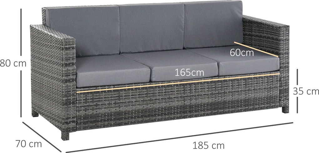 Outsunny Canapea de Exterior cu 3 Locuri din Ratan PE, Canapea cu Perne Detasabile și Structură Metalică pentru Grădină, Terasă și Balcon, 185x70x80 cm, Gri | Aosom Romania
