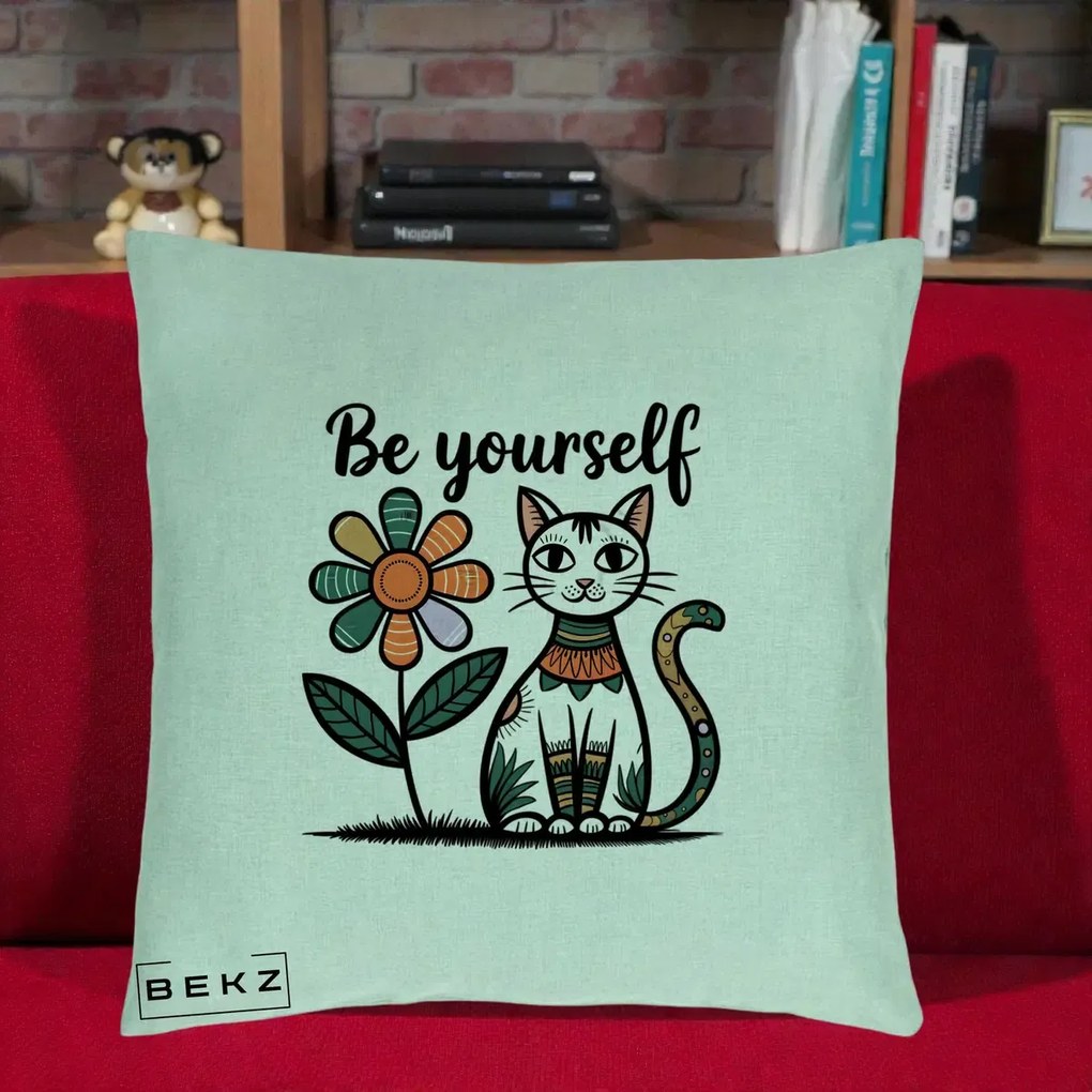 Perna Personalizata Be Yourself Pisica Folk, 40x40 cm, Verde Menta, Husa Detasabila, Perna Inclusa, BEKZ®