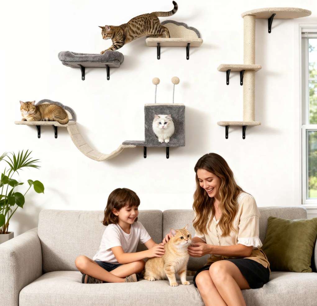 PawHut Set copac de zgâriere montat pe perete, suprafețe de zgâriere din sisal, 4 piese, pentru 1-3 pisici, Bej | Aosom Romania