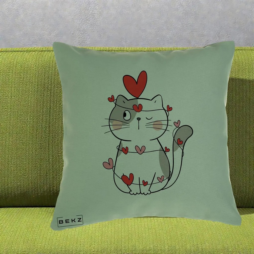 Perna Decorativa Pisica Kawaii cu Inimi, 40x40 cm, Verde, Husa Detasabila, Perna Inclusa, BEKZ®