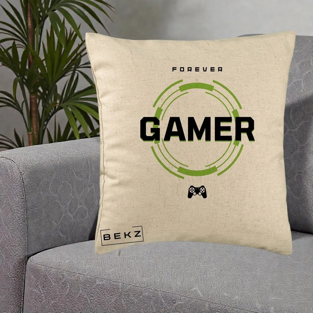 Perna Personalizata Forever Gamer, 40x40 cm, Bej, Husa Detasabila, Perna Inclusa, BEKZ®