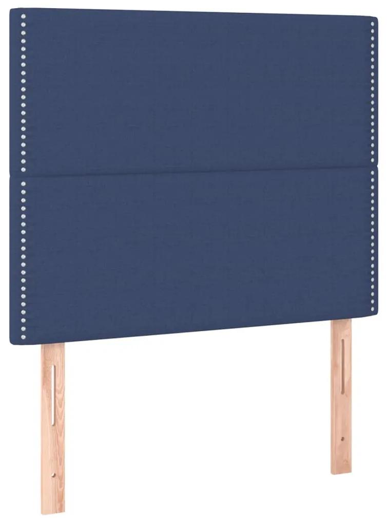 Pat box spring cu saltea, albastru, 90x190 cm, textil Albastru, 90 x 190 cm, Culoare unica si cuie de tapiterie