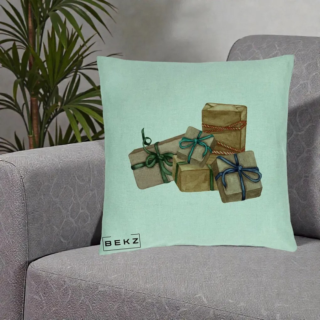 Perna Decorativa Cadouri de Craciun Kraft, 40x40 cm, Verde Menta, Husa Detasabila, Perna Inclusa, BEKZ®