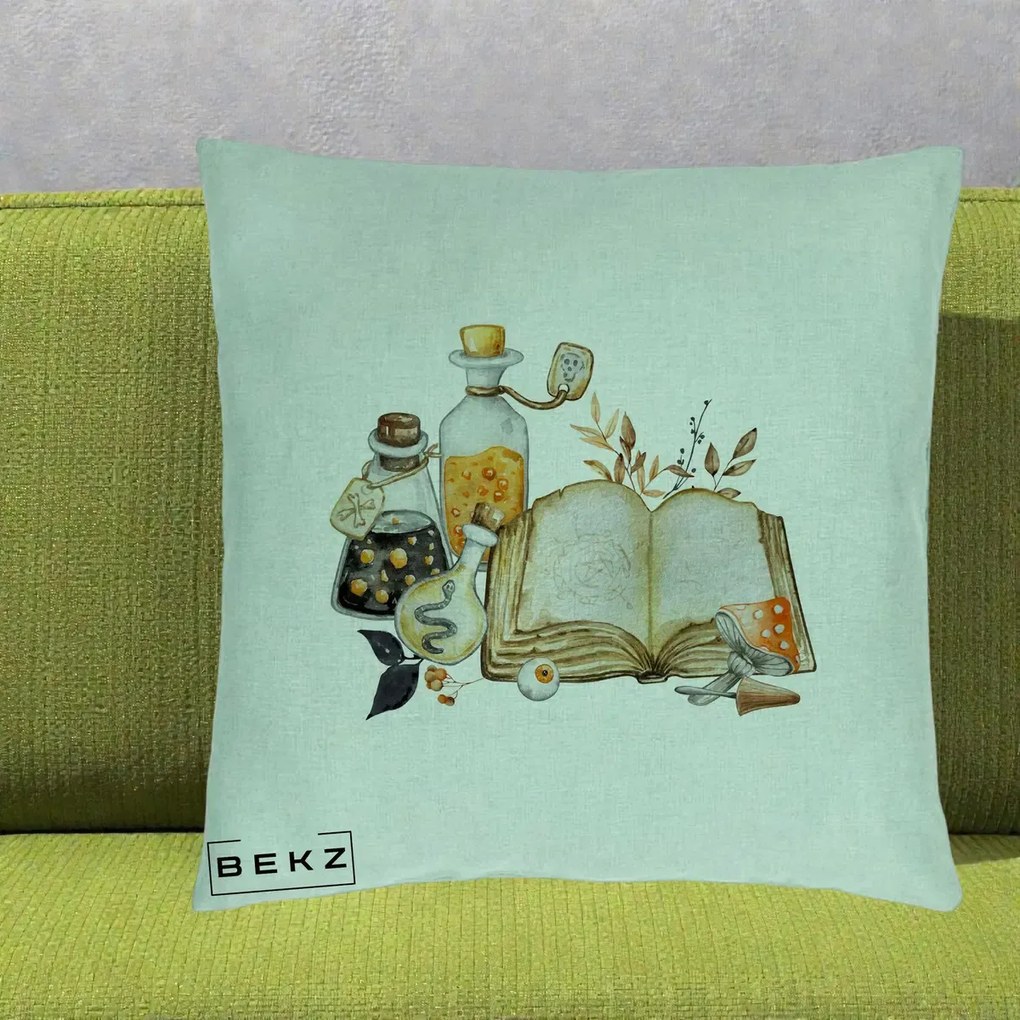 Perna Decorativa Grimoire Vrajitoare si Filtre Magice Halloween, 40x40 cm, Verde Menta, Husa Detasabila, Perna Inclusa, BEKZ®