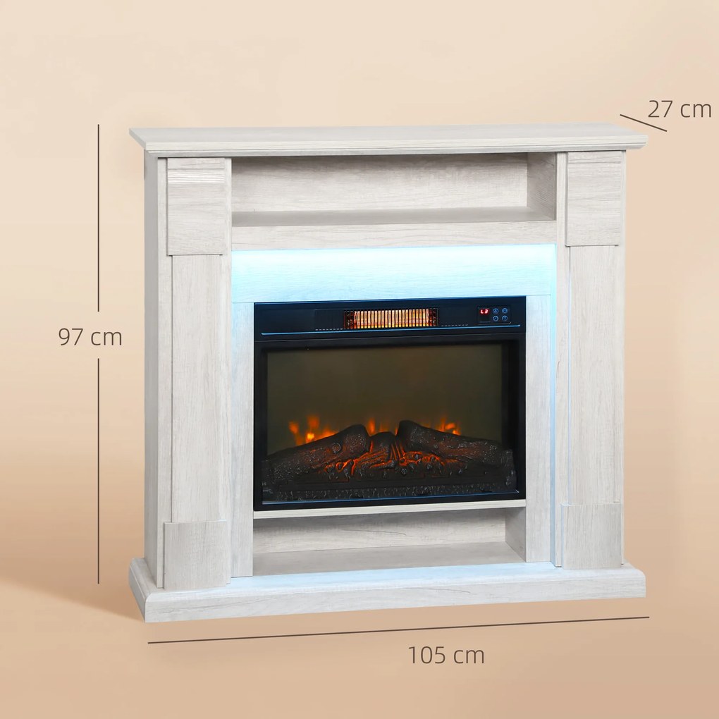 HOMCOM Șemineu Electric 1800W Reglabil cu Flacără 3D, Raft, Timer și Telecomandă, 105x27x97 cm, culoare Lemn | Aosom Romania