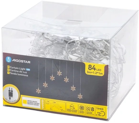 Aigostar - Ghirlandă LED de Crăciun pentru exterior, 84xLED/230V, 1,2x1m, IP44, alb cald, fulgi