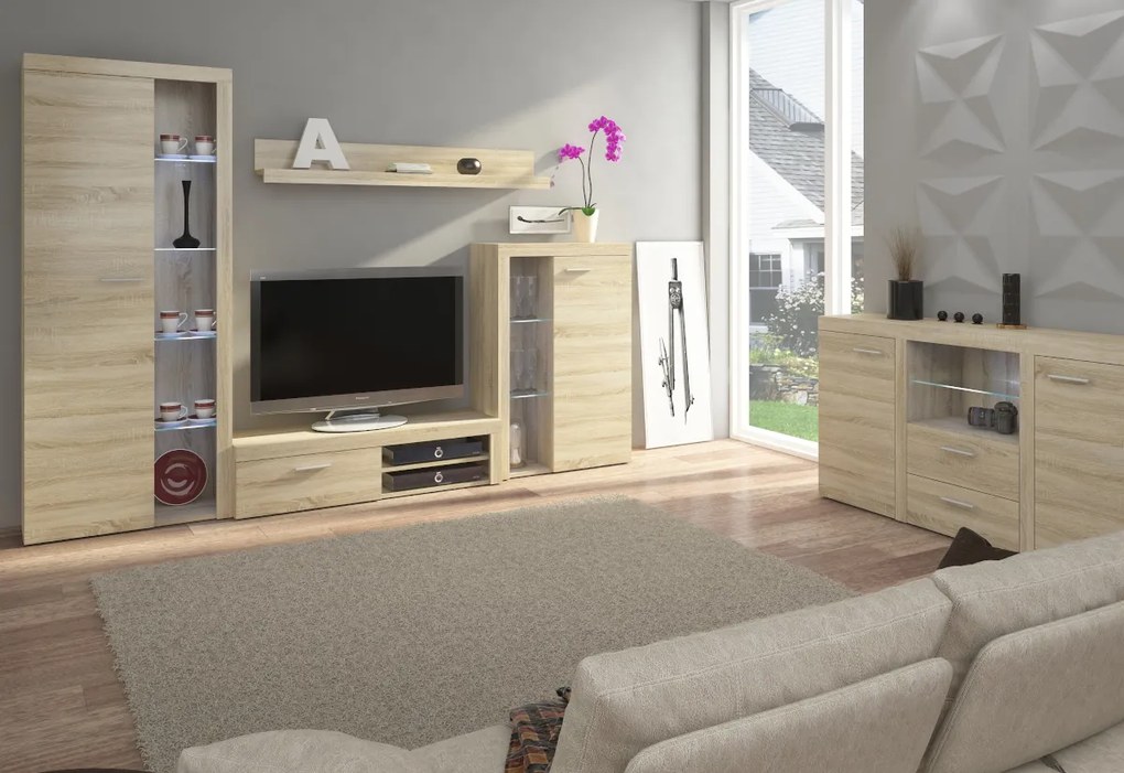 Expedo Mobilă sufragerie KLOK, 300x190x34, gri/stejar lefkas + iluminare LED