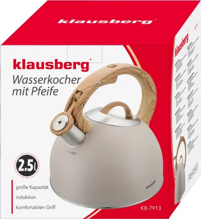 Ceainic cu fluier Klausberg KB 7913, 2.5 L, Maner cu efect de lemn, Inductie, Bej