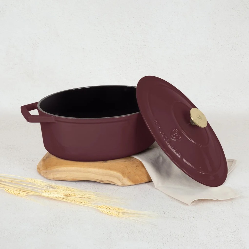 Oală din fontă emailată ovală cu capac 30 cm, 4.65L – Berlinger Haus Leonardo Collection BH 6543, potrivită pentru gătit lent și rumenire