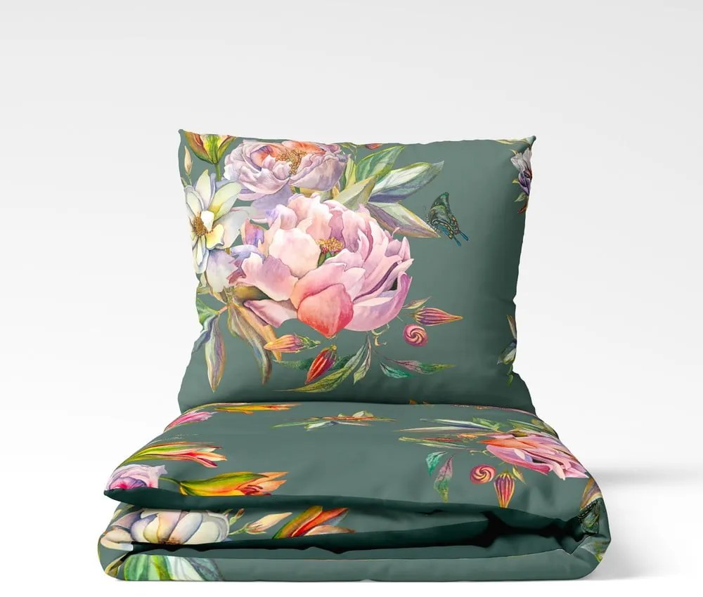 Lenjerie de pat din bumbac satinat pentru pat dublu Bonami Selection Floret, 200 x 220 cm, verde închis