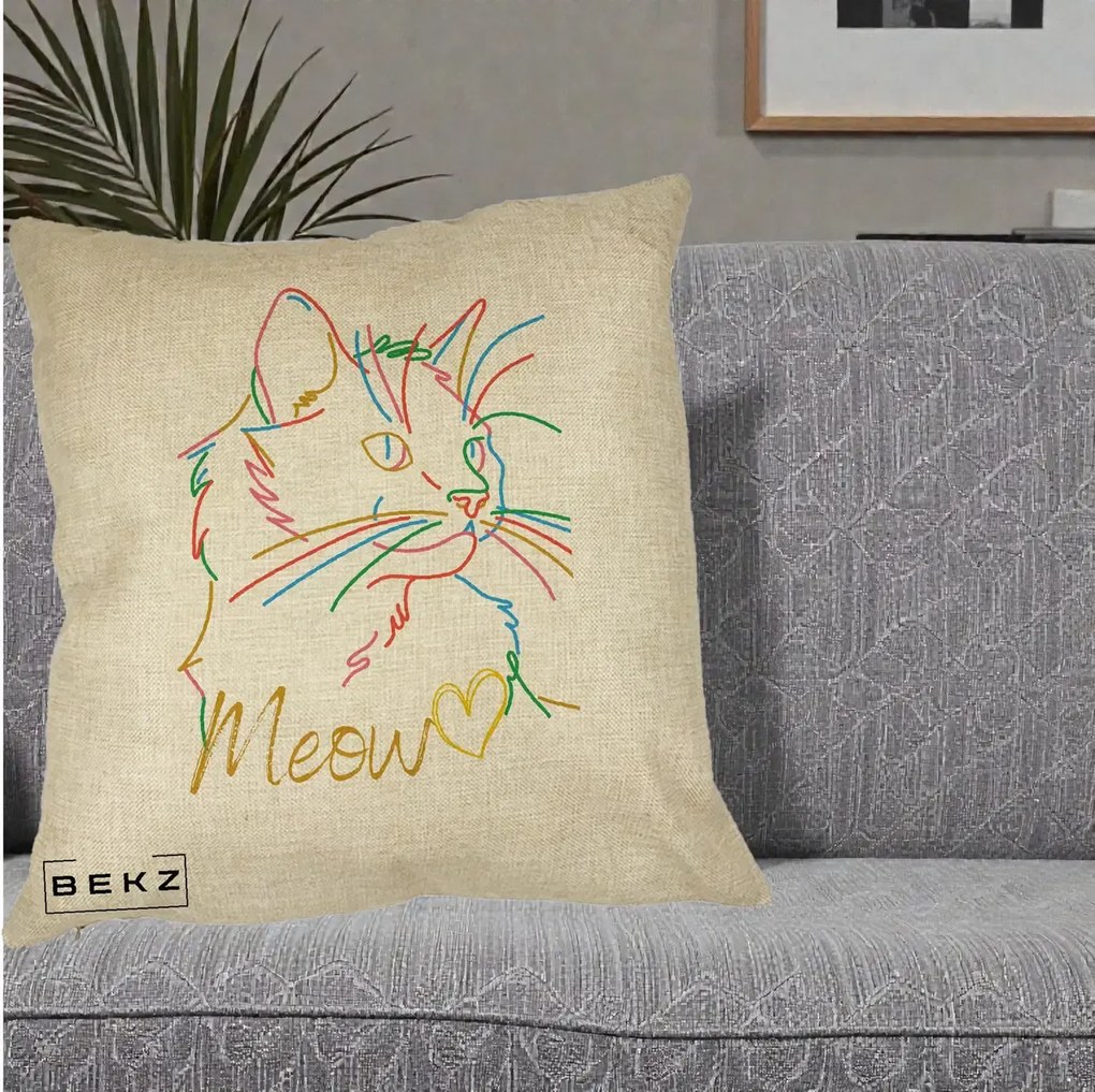 Perna Personalizata Pisica Meow Arta Linie Colorata, 40x40 cm, Crem, Husa Detasabila, Perna Inclusa, BEKZ®