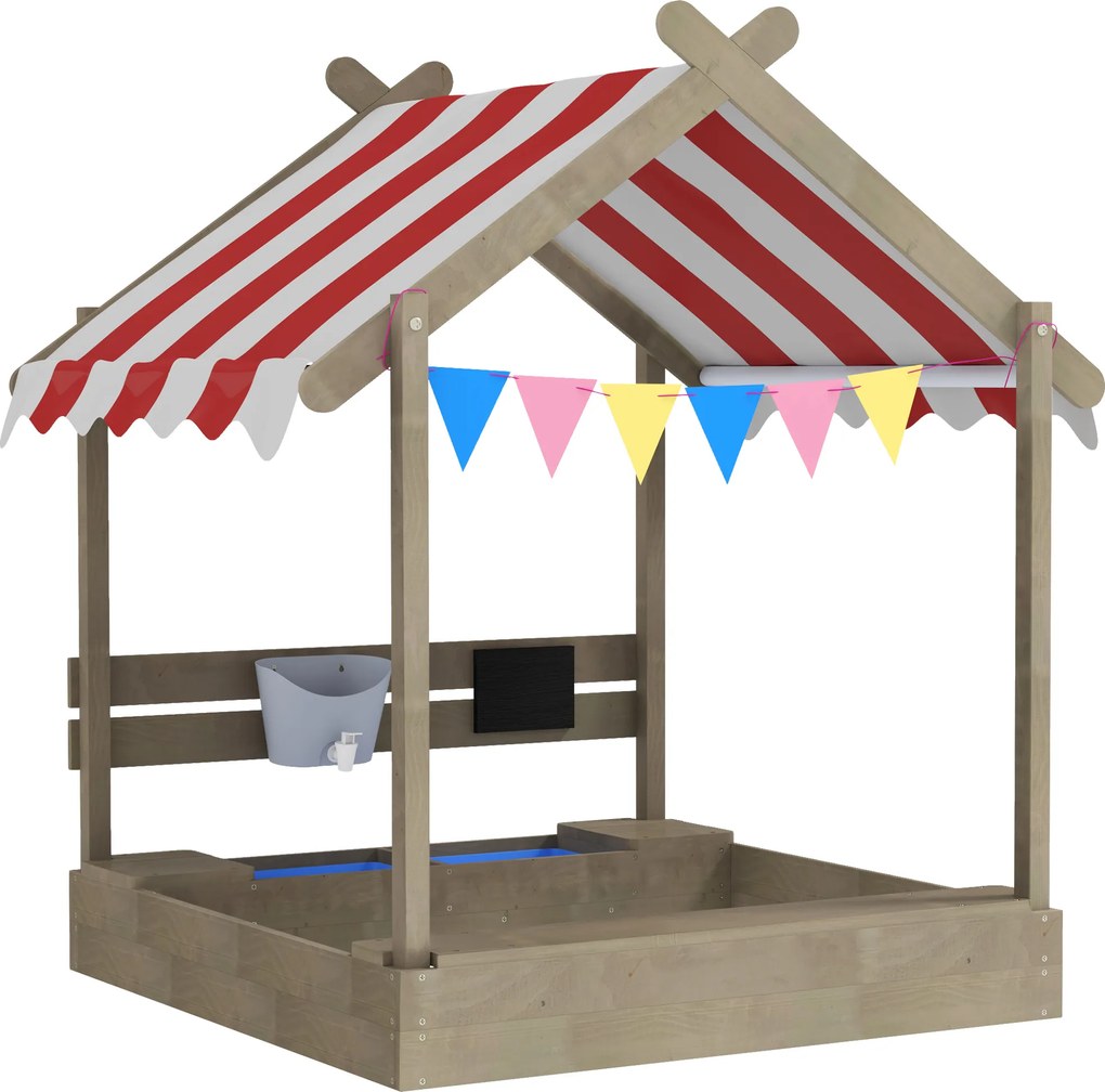 Outsunny Cutie de nisip cu protecție solară, design casă de joacă, cu set de jucării, lemn masiv tratat, 124 x 116 x 146 cm, Gri | Aosom Romania