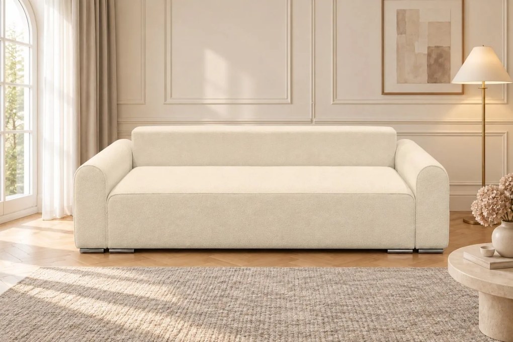 Canapea extensibilă Fiorella din boucle, crem, cu ladă de depozitare
