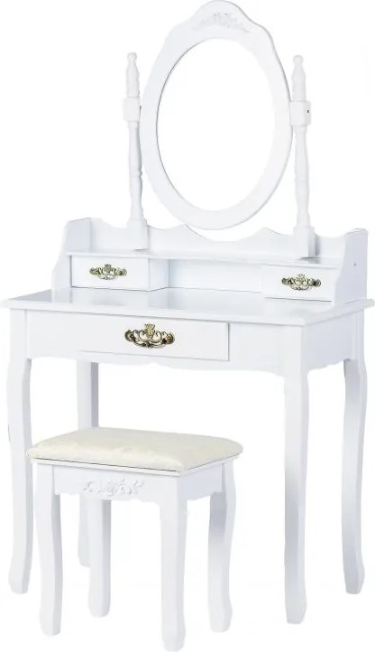 Set Masa Toaleta pentru Machiaj cu Oglinda Ovala si Sertare + Scaun, Stil Victorian, Culoare Alb