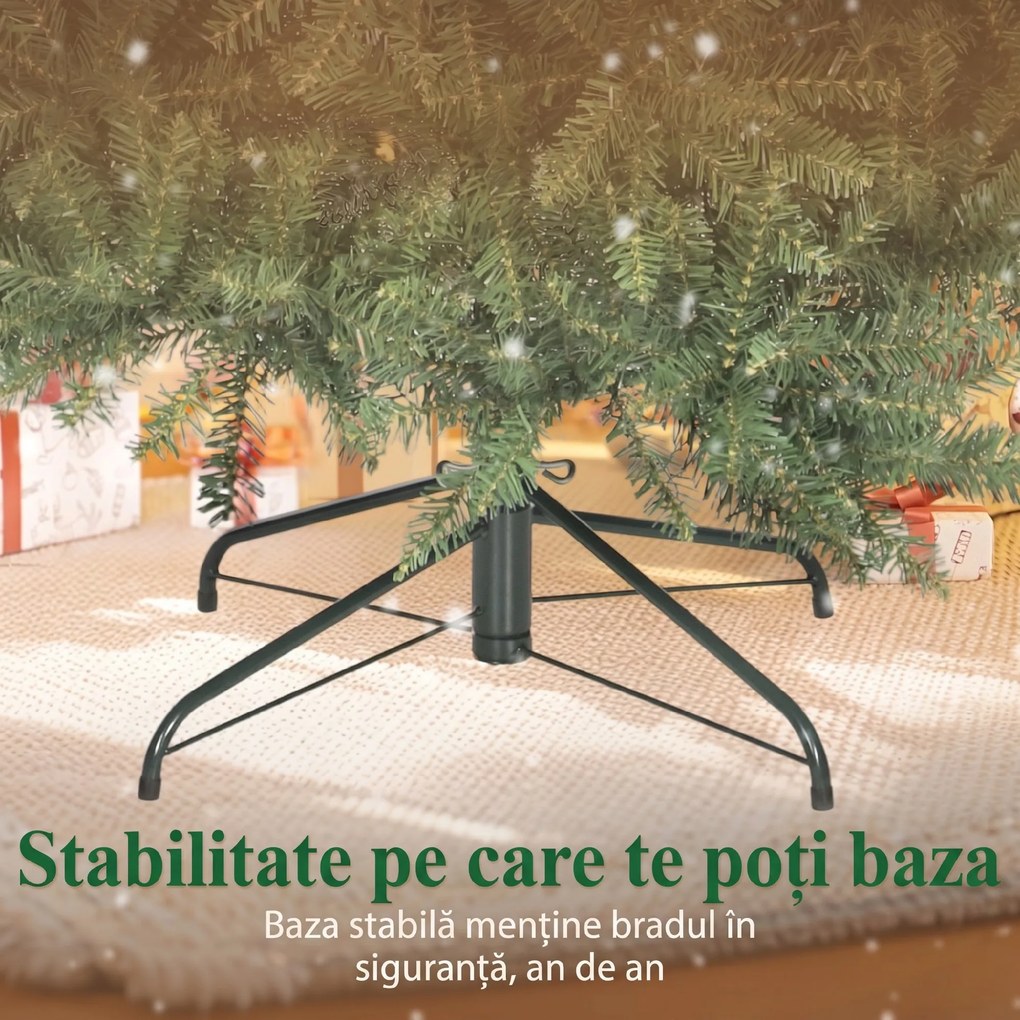HOMCOM Brad de Crăciun Artificial 210 cm cu 2641 Ramuri Ignifuge, Brad de Crăciun Artificial Dens și Realist cu Bază Metalică Pliabilă, Asamblare Ușoară, pentru Casă și Spații Interioare, Verde | Aosom Romania