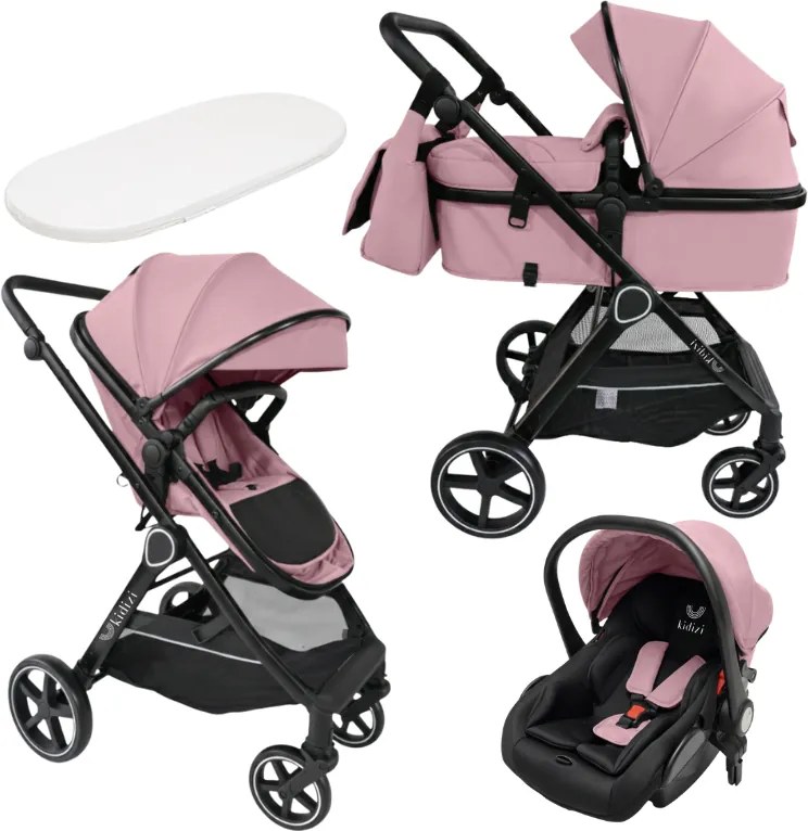 Carucior copii 3 in 1 Kidizi Moveo roz, landou transformabil in parte sport, scoica auto R129, cadru black, pana la 22 kg (0–4 ani), saltea si geanta incluse