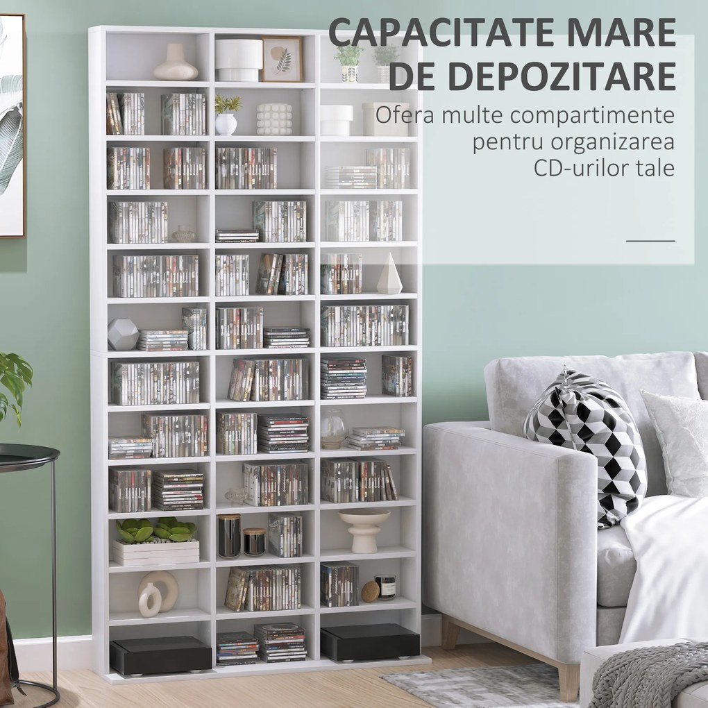 HOMCOM Bibliotecă CD de perete cu 24 de rafturi reglabile, 130,5x89x20 cm, alb | Aosom Romania