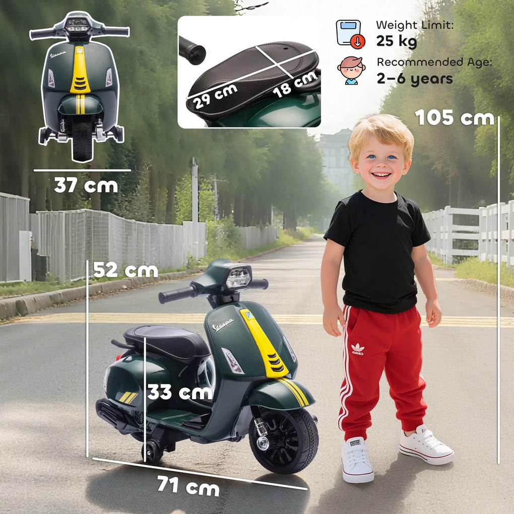 AIYAPLAY Motocicletă Electrică pentru Copii cu Licență Vespa, Baterie Reîncărcabilă 6V, Roți Laterale și Lumini, Vârsta 2-6 Ani, Verde Închis | Aosom Romania