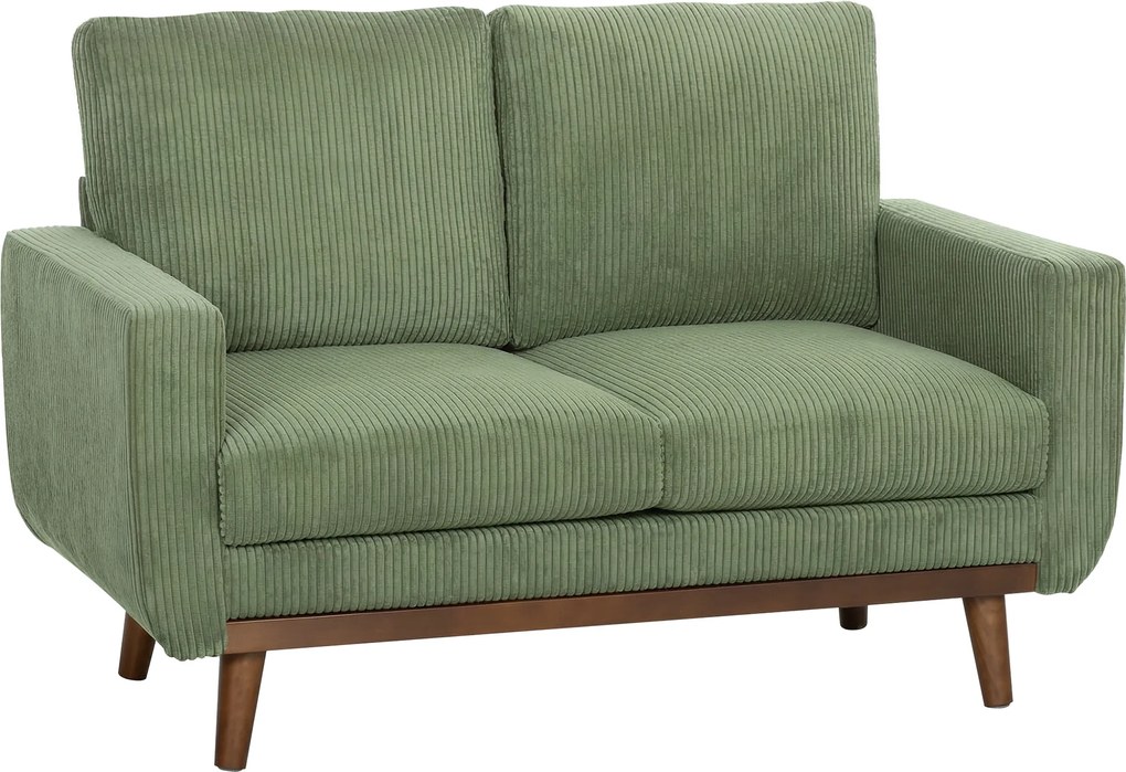 HOMCOM Canapea 2 locuri, 134 cm, catifea côtelată cu arcuri în buzunar, spătar gros, accent cu șipci din lemn, Grün | Aosom Romania