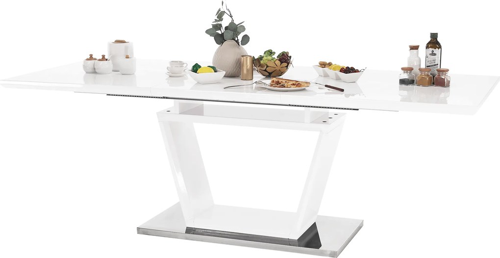 Masă dining, pliabilă, alb luciu extra ridicat / oţel, 160-220x90 cm, PERAK